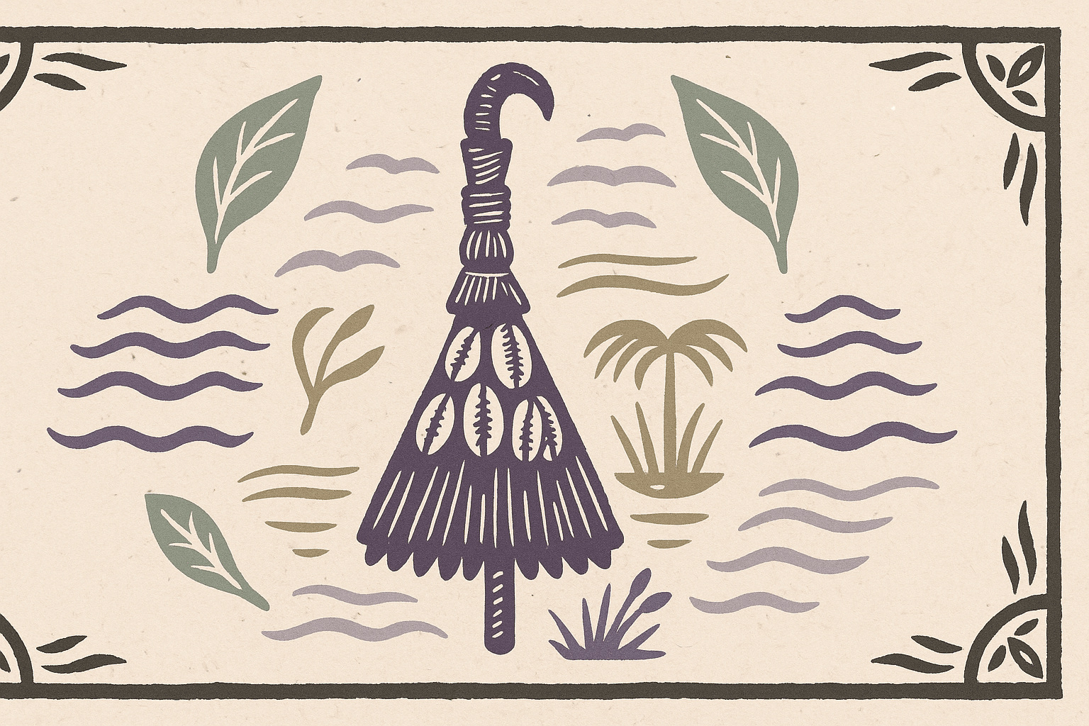 Ilustração horizontal no estilo xilogravura, com fundo de papel reciclado, representando Nanã no Candomblé. A imagem traz o Ibiri, cetro sagrado de Nanã, como elemento central, cercado por símbolos da ancestralidade, da lama, das águas paradas e dos ciclos da vida e da morte.