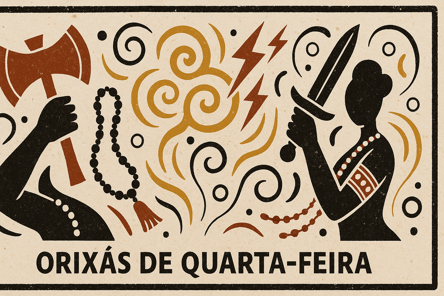 Ilustração horizontal no estilo xilogravura, com símbolos dos Orixás de quarta-feira no Candomblé. A imagem traz um machado representando Xangô, ondas de vento e faíscas para Iansã e uma espada estilizada para Obá, cercados de linhas orgânicas, fios de conta e elementos ancestrais, sobre fundo de papel reciclado e moldura preta.