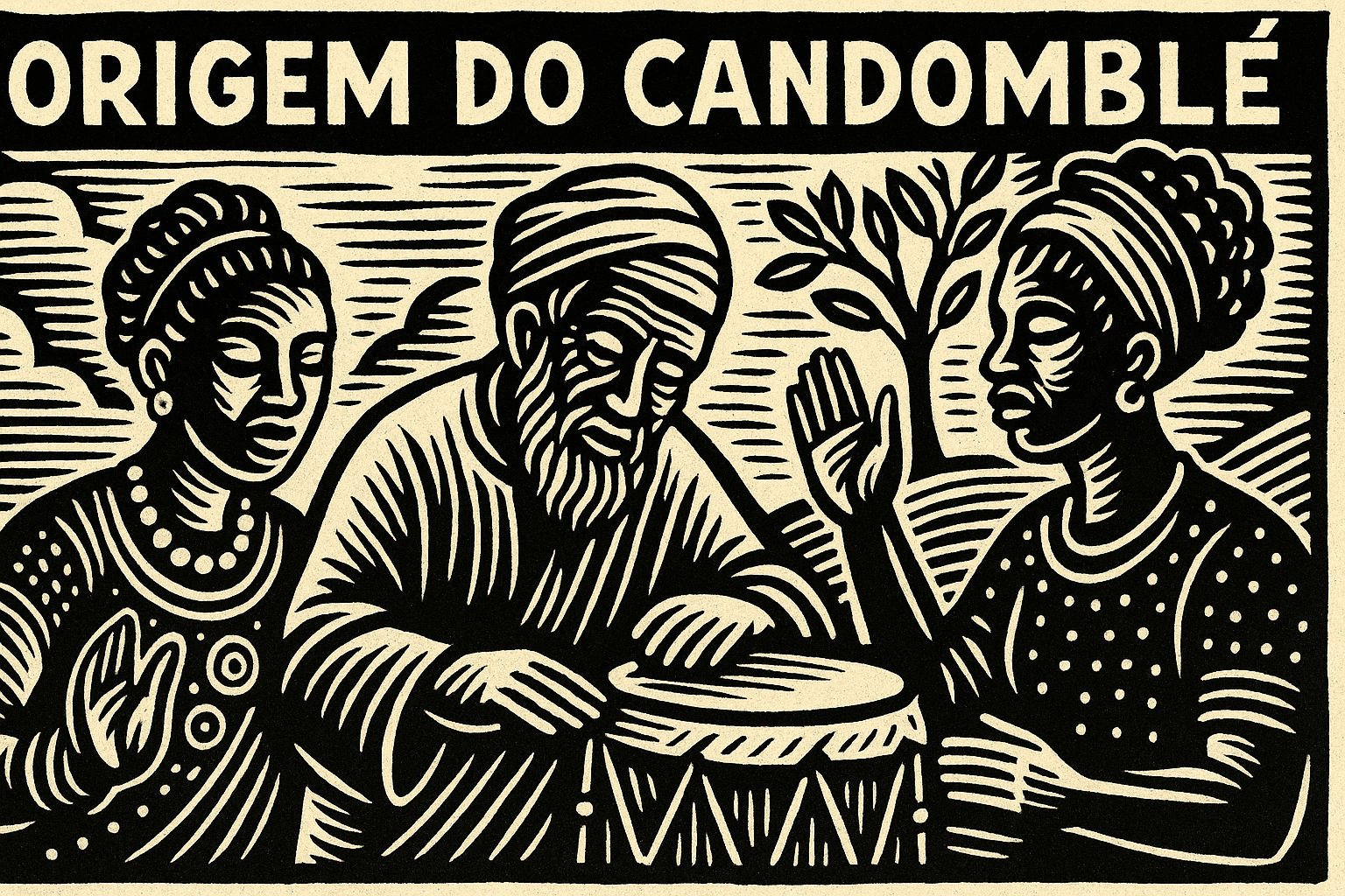Origem do candomblé xilogravura representa com tambor e figuras afro-brasileiras