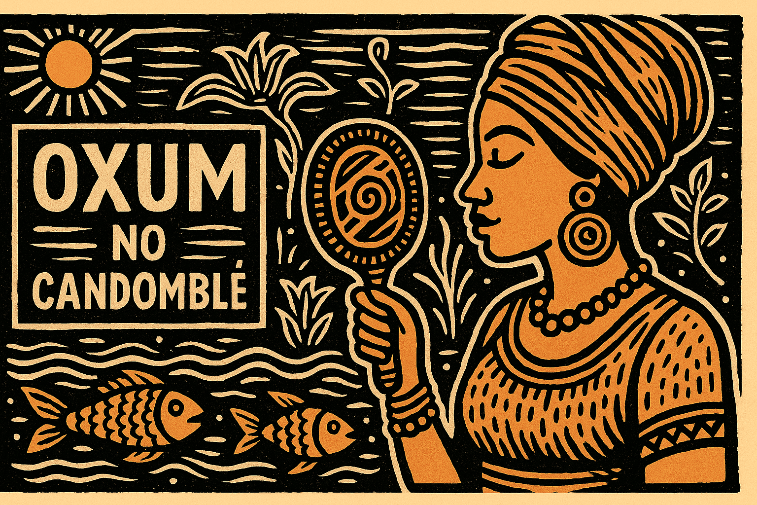 oxum no candomblé em estilo xilogravura com traços espirituais