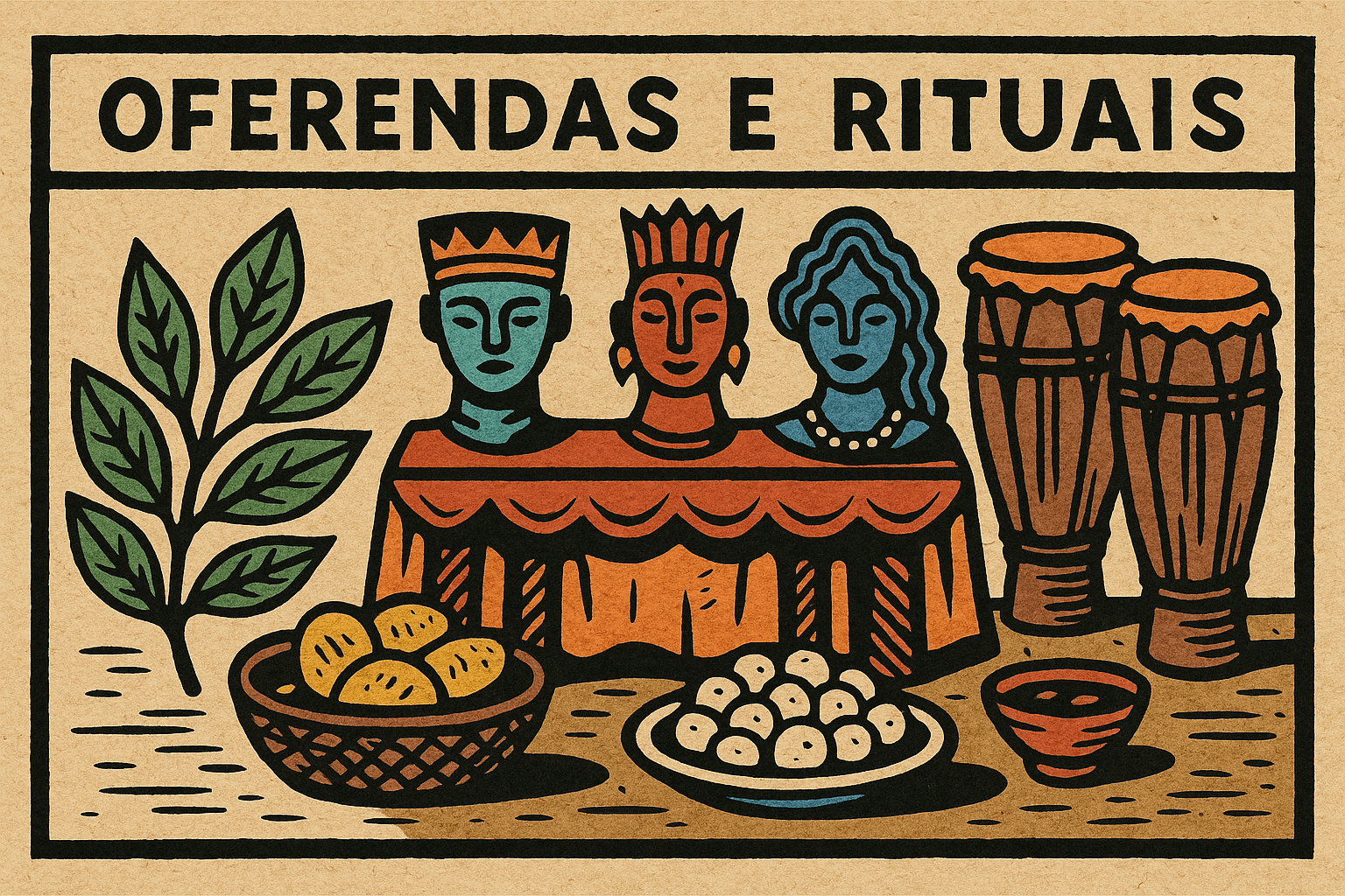 oferendas e rituais no candomblé representados em xilogravura afro-brasileira com altar, folhas e atabaques