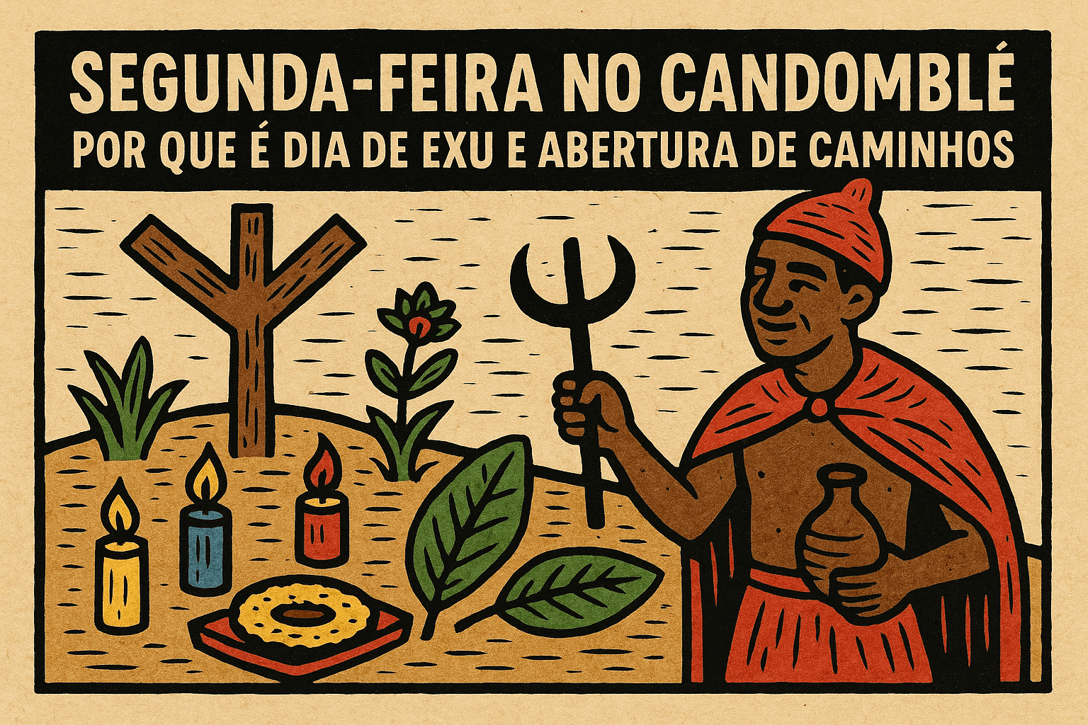Segunda-feira: Imagem em xilogravura de Exu com capa vermelha, velas e oferendas numa encruzilhada, representando os rituais de segunda-feira no Candomblé