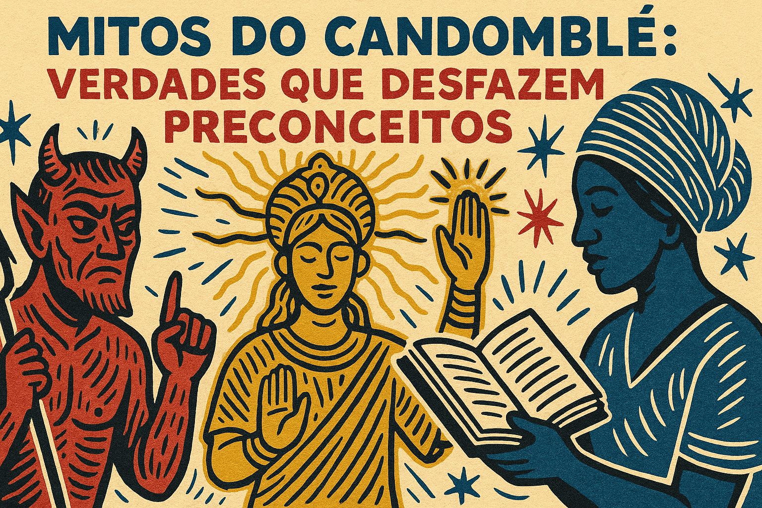 Ilustração em xilogravura colorida com elementos lúdicos representando os mitos do Candomblé em estilo cordel.