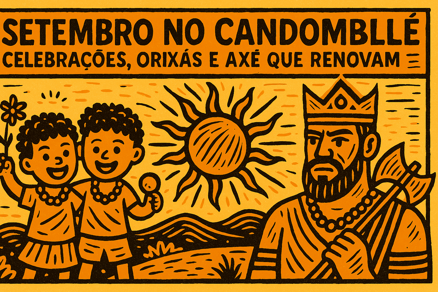 Ilustração em xilogravura colorida representando a força de setembro no Candomblé com elementos de Ibejis e Xangô.