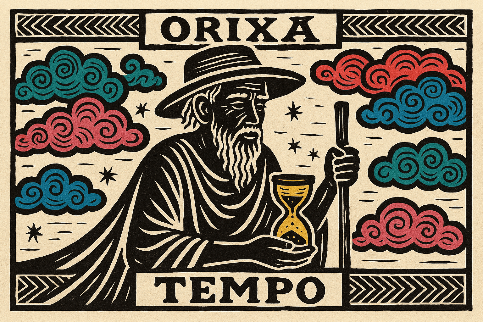 Ilustração em estilo xilogravura colorida representando o Orixá Tempo com elementos da natureza e ciclos espirituais.