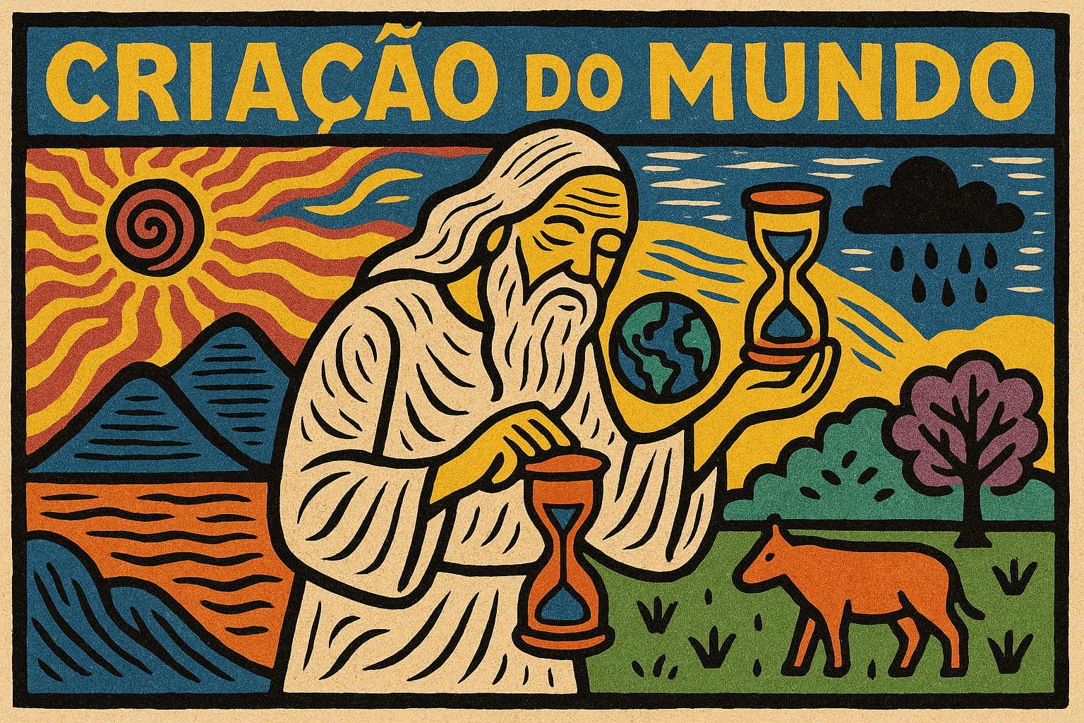 Ilustração em estilo xilogravura representando a criação do mundo no Candomblé, com Oxalá moldando o barro da vida com axé e serenidade.