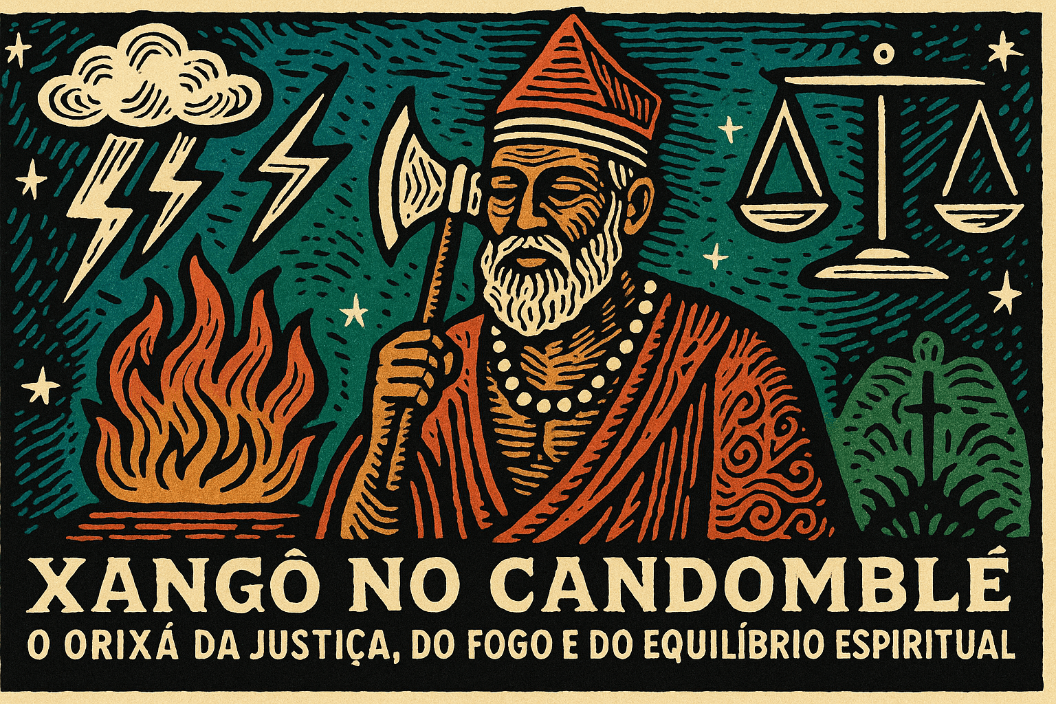 Xangô no Candomblé em xilogravura com machado duplo e raios