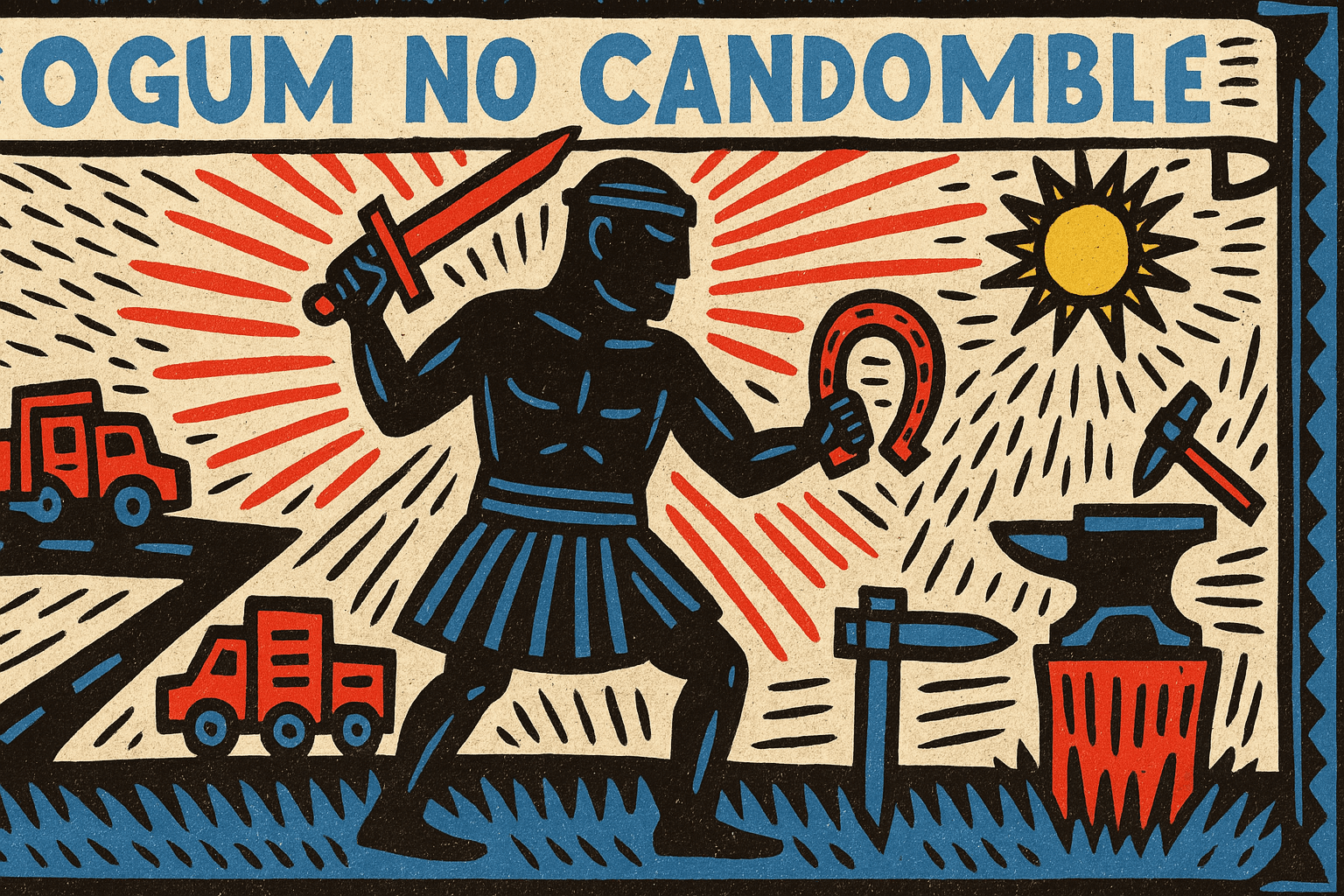 Ogum no Candomblé: O Desbravador de Caminhos e o Espírito da Coragem Imagem em estilo xilogravura com cores lúdicas representando Ogum no Candomblé empunhando sua espada, com elementos de ferro, estrada e fogo ao fundo