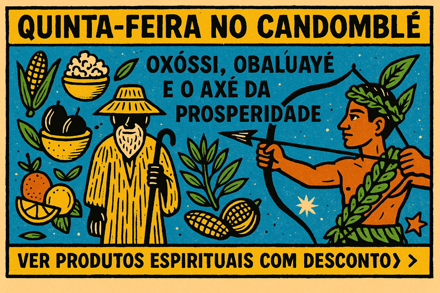 Ilustração estilo cordel com cores lúdicas representando Oxóssi e Obaluayê para o post sobre quinta-feira no Candomblé