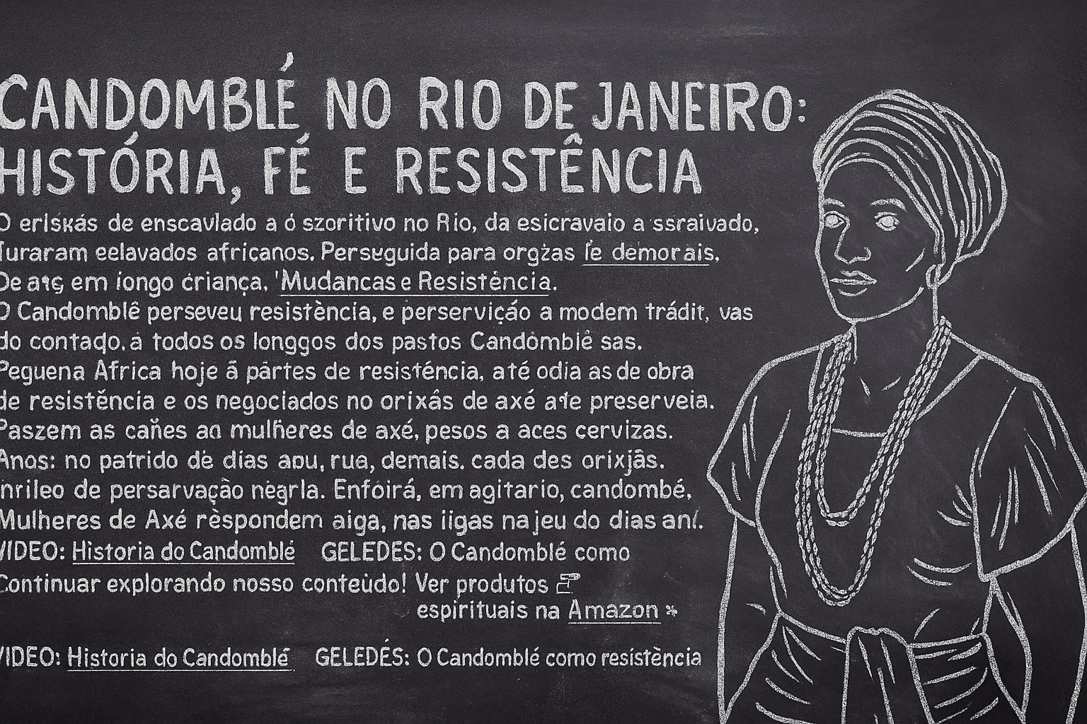 Ilustração estilo xilogravura com cores lúdicas representando a história do Candomblé no Rio de Janeiro, com elementos de resistência, ancestralidade e espiritualidade afro-brasileira.