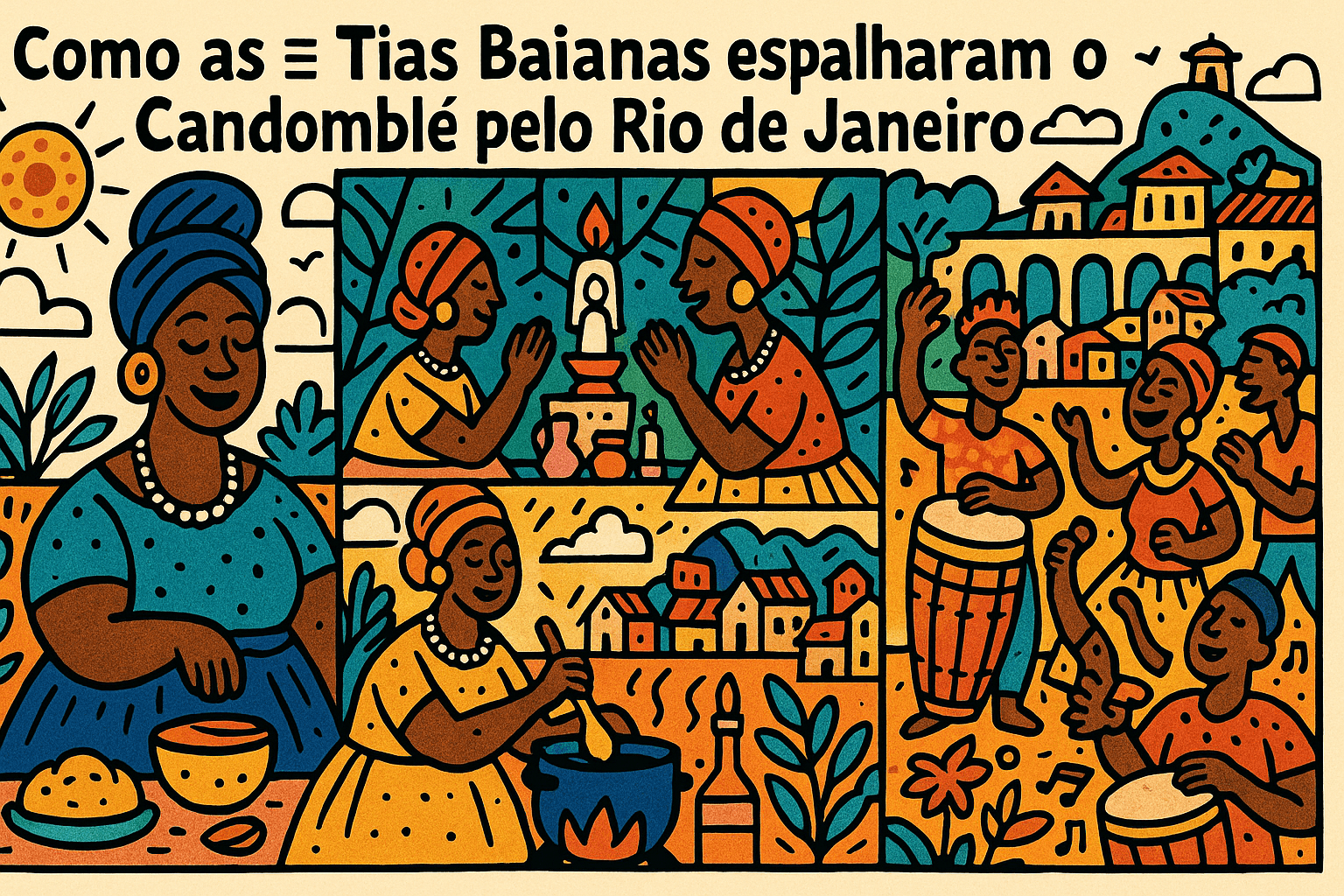 Ilustração em estilo cordel colorido representando as Tias Baianas, mulheres negras que difundiram o Candomblé no Rio de Janeiro.