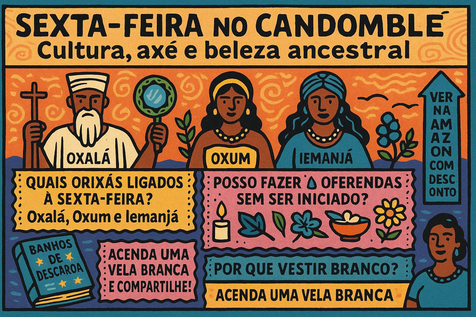 Imagem em estilo cordel com cores lúdicas representando a sexta-feira no Candomblé, com elementos de Oxalá, Oxum e Iemanjá em um cenário espiritual afro-brasileiro.