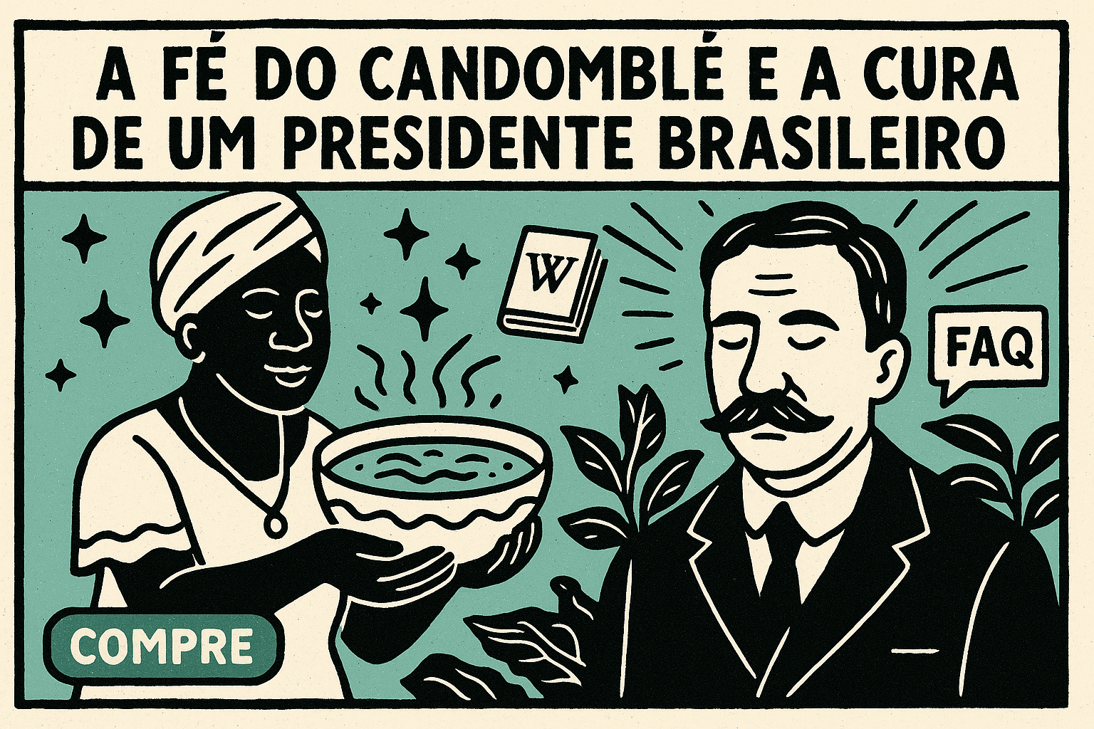 Imagem em estilo cordel ilustrando a cura espiritual do presidente Venceslau Brás com elementos do Candomblé.