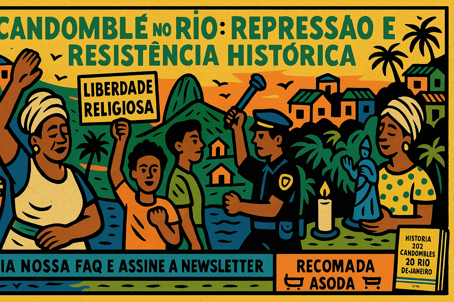 Ilustração em estilo cordel com cores vibrantes representando a resistência do Candomblé no Rio de Janeiro, com terreiros, tambores e orixás estilizados em meio a paisagens urbanas.