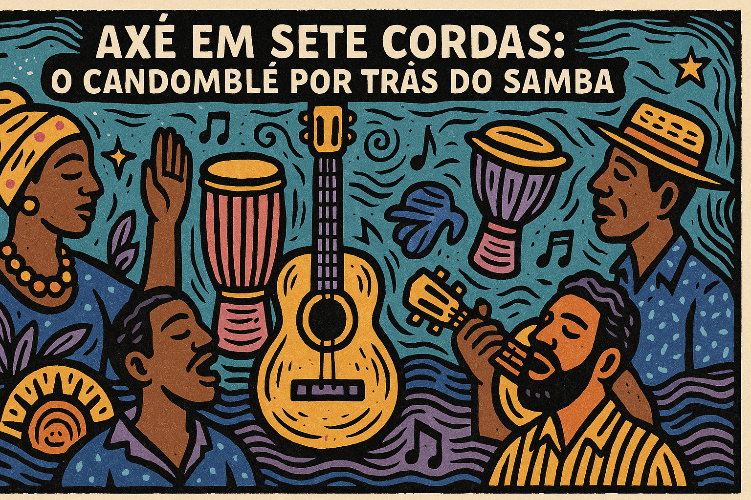 Ilustração em estilo de cordel com cores vibrantes representando a influência do Candomblé no samba brasileiro.