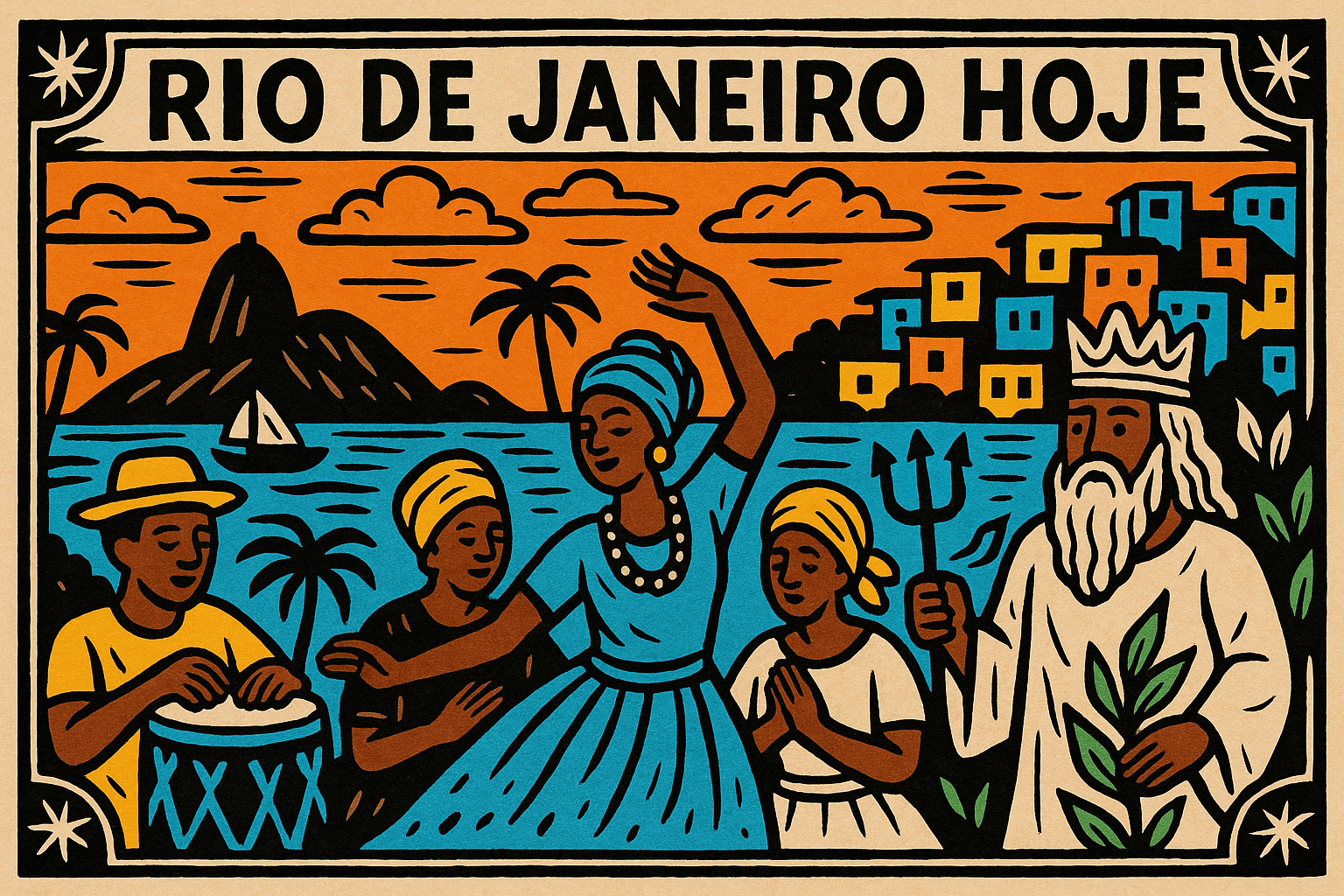 Ilustração digital estilo cordel com cores lúdicas representando o Candomblé no Rio de Janeiro hoje como patrimônio cultural e espiritual