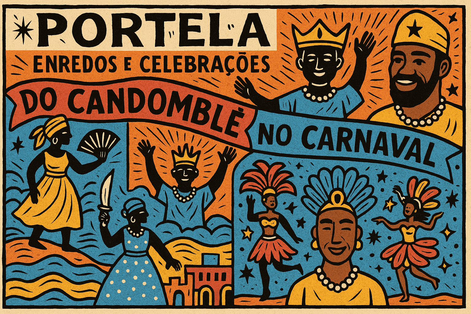 Ilustração em estilo cordel com cores lúdicas representando a Portela e o Candomblé no Carnaval carioca, com destaque para orixás e elementos afro-brasileiros.