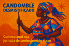 Candomblé Desmistificado: Apresentação do Projeto com xilogravura estilizada e cores vibrantes