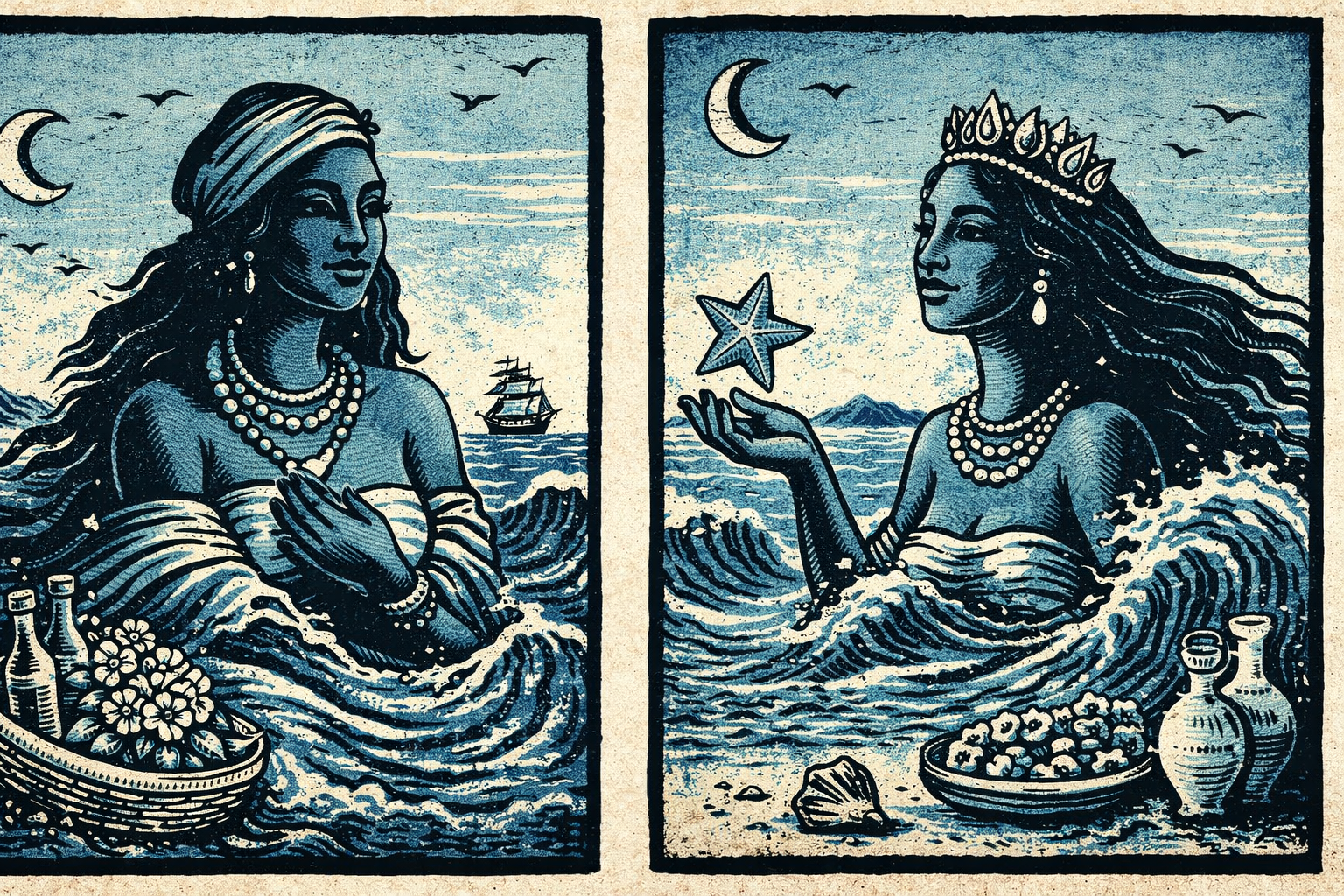Iemanjá no Candomblé em xilogravura azul, surgindo do mar sob lua crescente, com oferendas, conchas e flores.