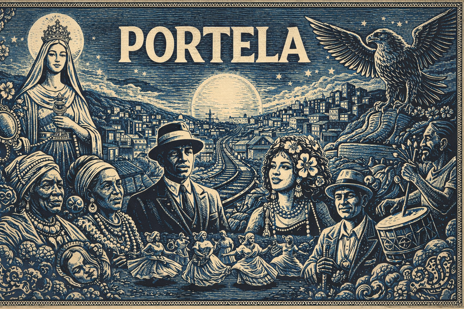 Portela escola de samba: a resistência em azul e branco entre samba, fé e ancestralidade Portela e o Candomblé: samba azul e branco com ancestralidade afro-brasileira em arte cinematográfica com toque de xilogravura