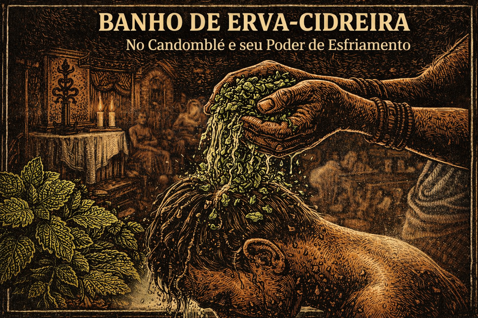 Banho de Erva Cidreira: Para Que Serve no Candomblé (guia completo, com respeito e bom senso) Banho de erva cidreira no Candomblé: ilustração cinematográfica em xilogravura mostrando mãos macerando folhas e o banho ritual, com clima de templo e luz quente.