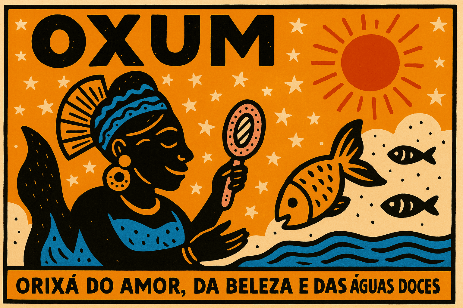 Oxum orixá das águas doces em xilogravura com estilo cordel e cores lúdicas