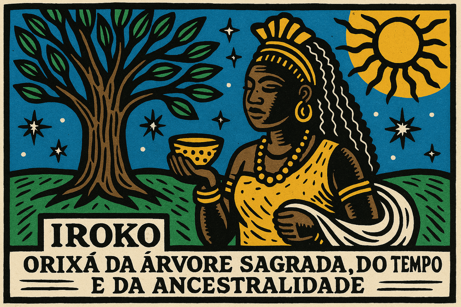 Iroko em xilogravura colorida com estilo de cordel, representando o orixá da árvore sagrada no Candomblé.