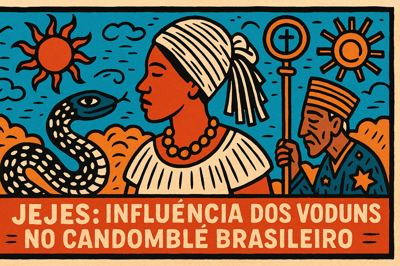 Ilustração em estilo cordel com cores vibrantes representando elementos culturais e espirituais dos povos Jejes no Candomblé