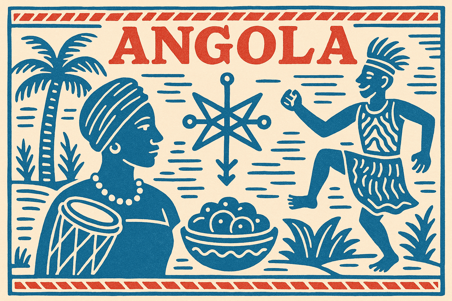 Imagem em xilogravura estilizada e colorida representando a herança cultural de Angola no Candomblé, com elementos simbólicos africanos em vermelho e azul.