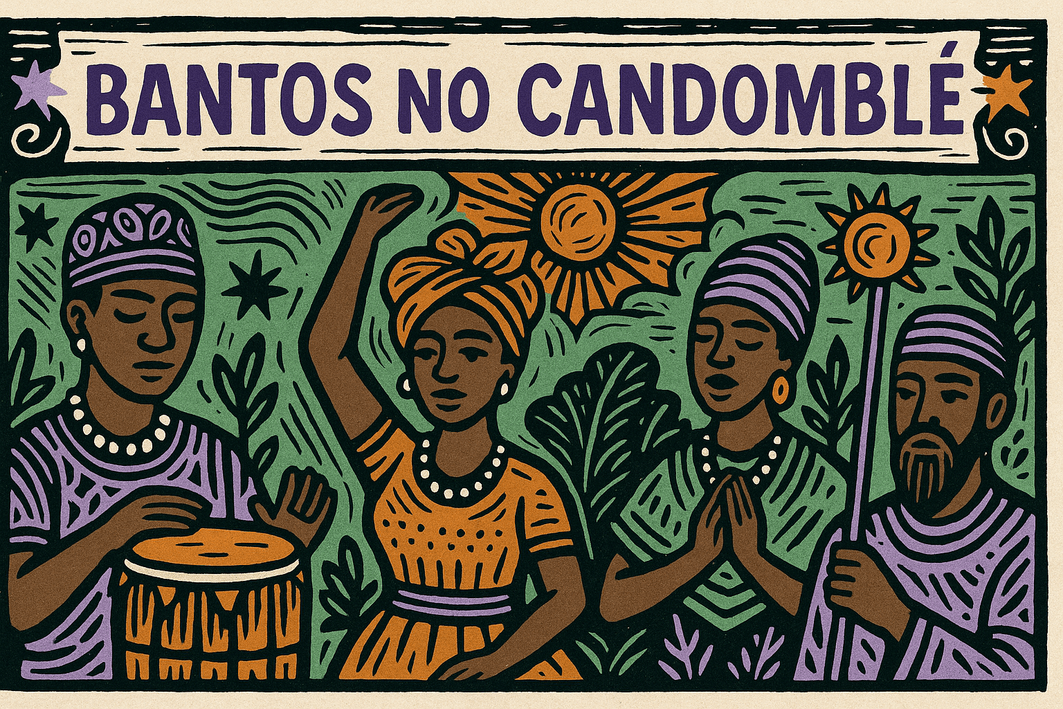 Ilustração em xilogravura colorida representando a cultura Bantos no Candomblé, com elementos espirituais e simbólicos em estilo cordel.