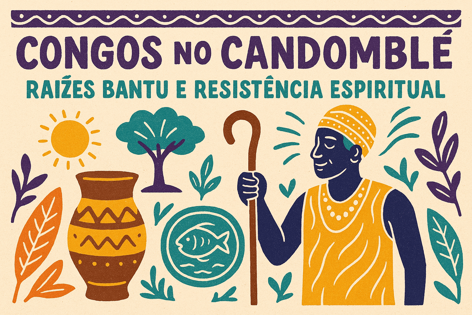 Ilustração em estilo cordel colorido representando os Congos no Candomblé, com elementos culturais afro-brasileiros e símbolos da tradição bantu.