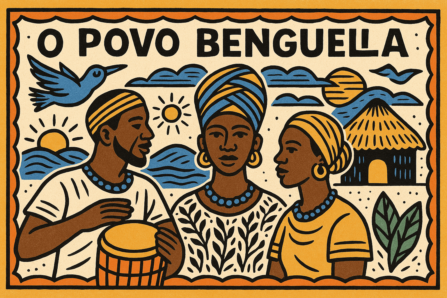 Ilustração em estilo cordel com cores lúdicas representando o povo Benguela no contexto do Candomblé e da ancestralidade africana.