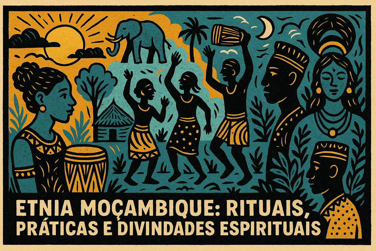 Ilustração em estilo cordel representando a herança cultural de Moçambique no Brasil, com cores vivas e elementos afro-brasileiros.