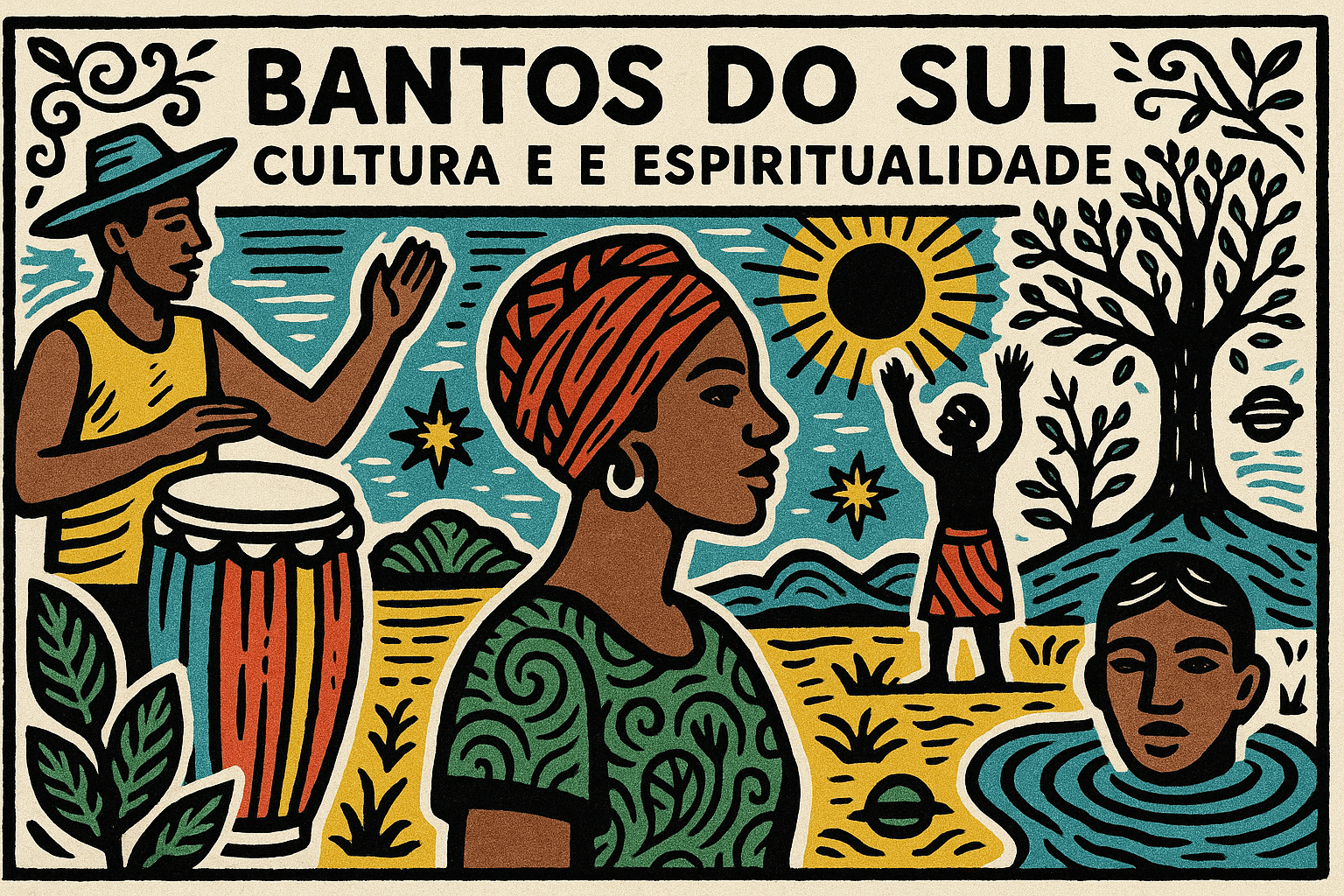 Ilustração em estilo cordel com cores vibrantes representando a espiritualidade e cultura dos Bantos do Sul da África