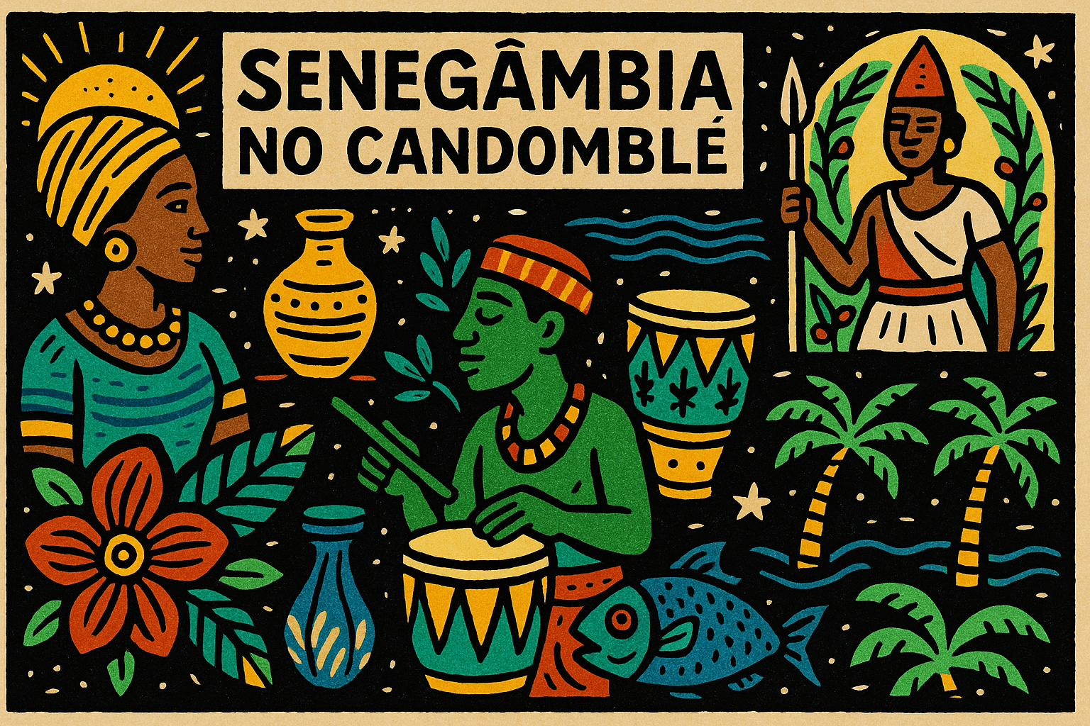 Ilustração em estilo cordel colorido representando a Senegâmbia no contexto do Candomblé, com símbolos africanos, tambores e elementos espirituais.