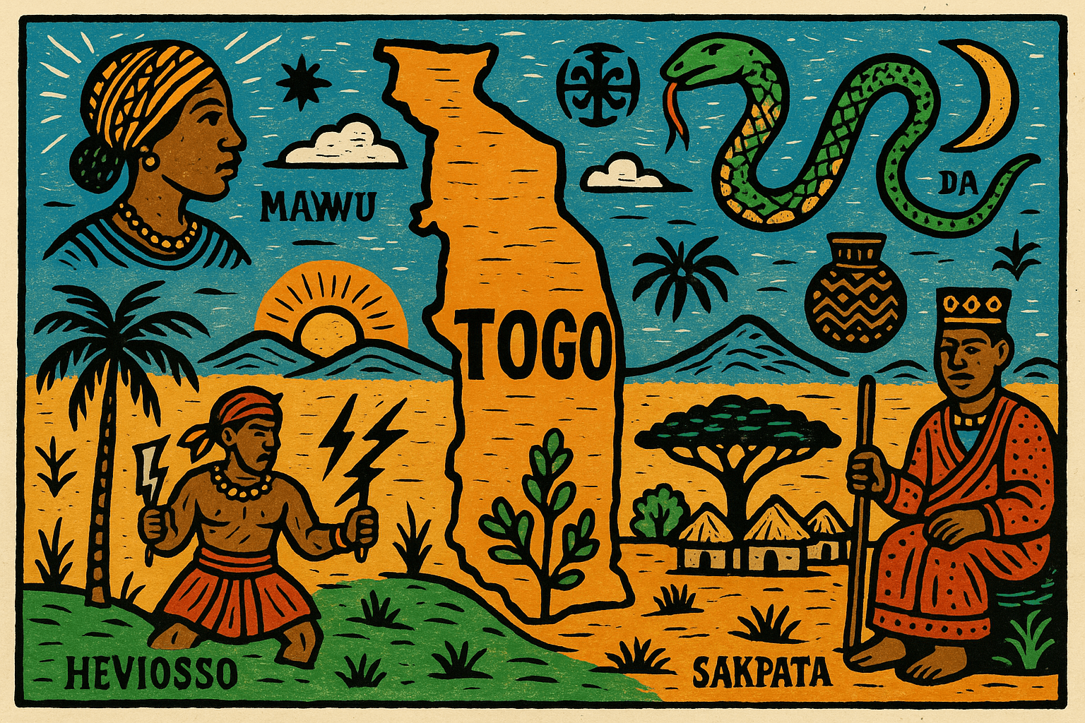 Mapa de Togo com símbolos dos voduns e paisagem africana em estilo de xilogravura