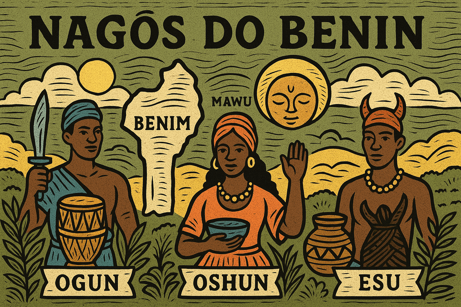 Nagôs: Orixás Ogun, Oshun e Esu representados com mapa de Benin em estilo de xilogravura colorida