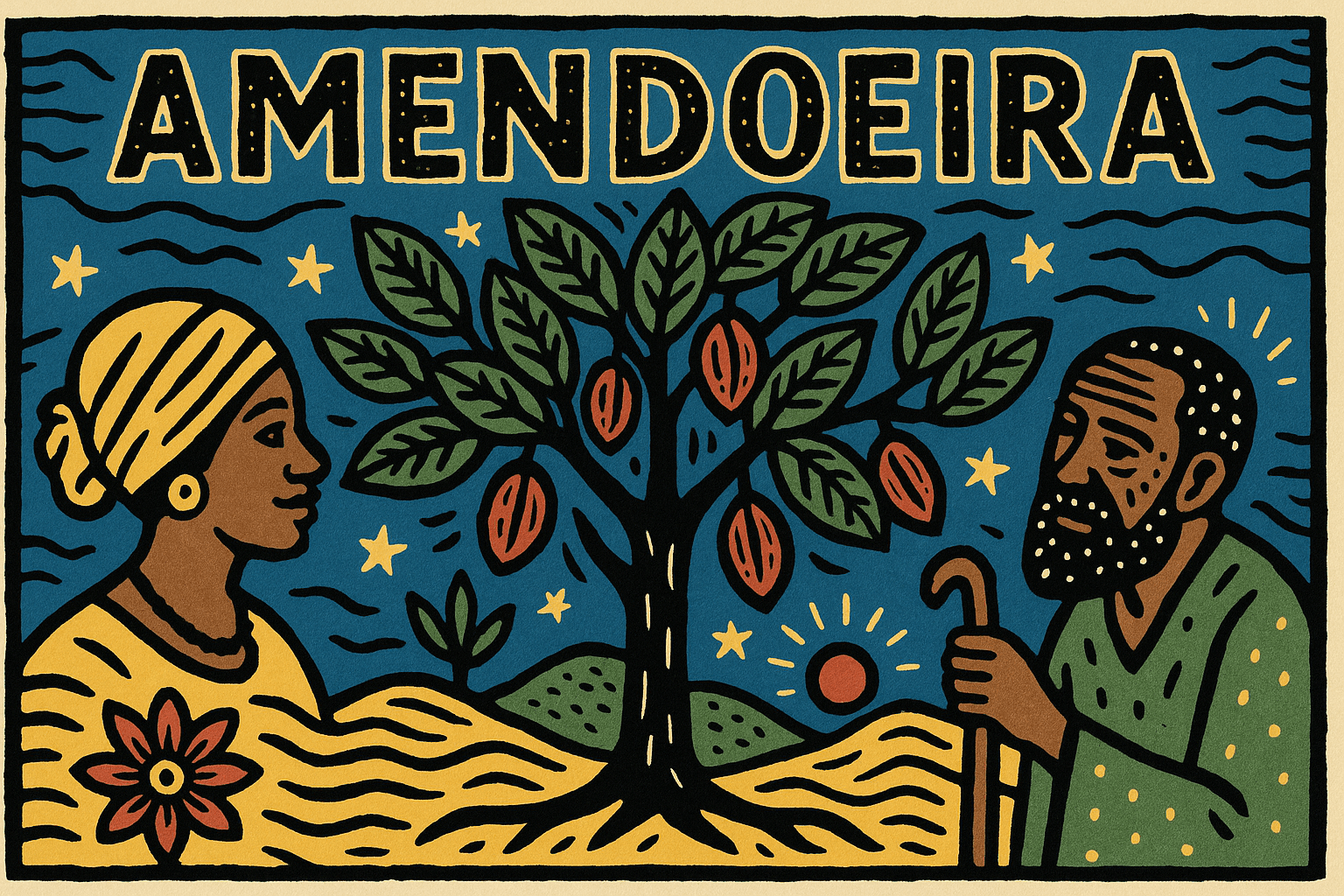 Amendoeira representada como árvore sagrada, com casal ancestral e frutos vermelhos em estilo de xilogravura colorida