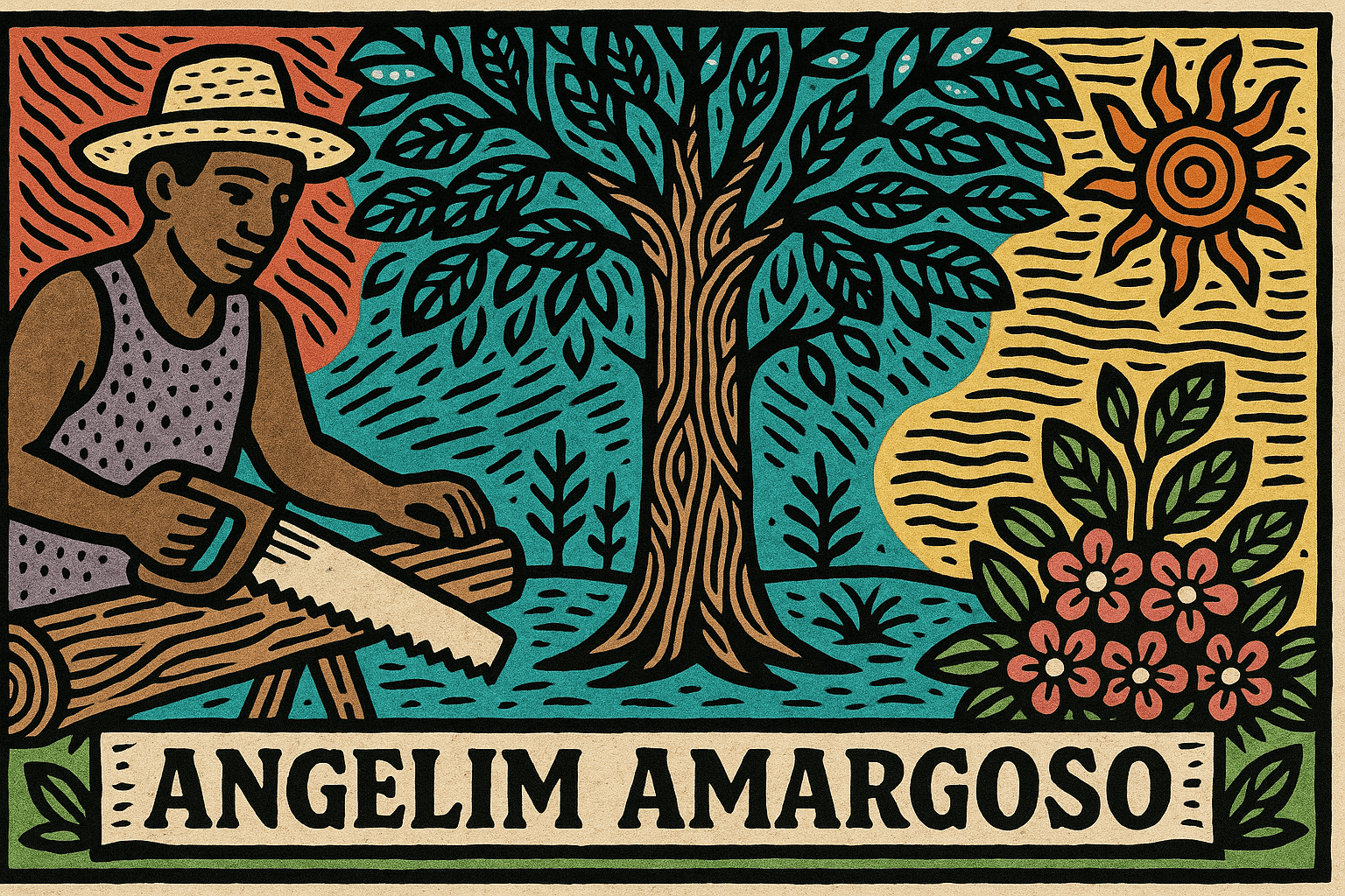 Ilustração em estilo de cordel com cores vivas retratando um homem assentando oferendas ao lado de uma árvore angelim amargoso, com símbolos dos orixás e elementos espirituais do Candomblé.