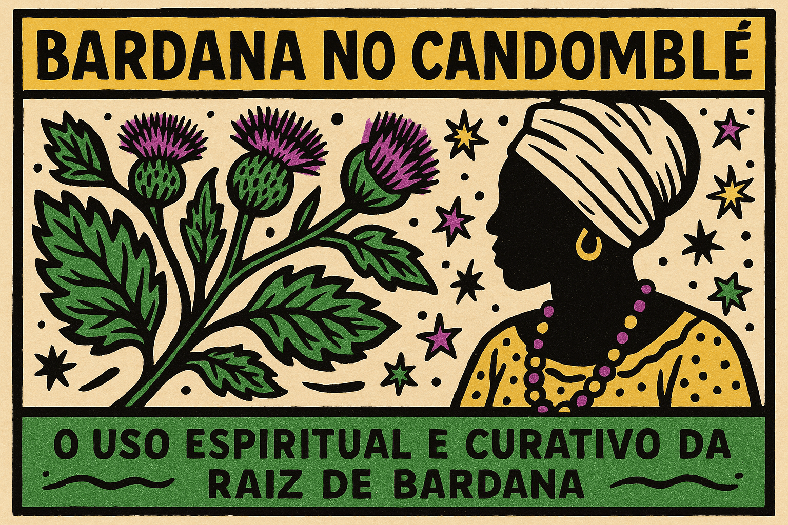 Ilustração horizontal estilo cordel, com cores vivas, representando a planta bardana em contexto ritualístico no Candomblé, com folhas amplas, raízes expostas e elementos de cura ligados a Obaluayê.