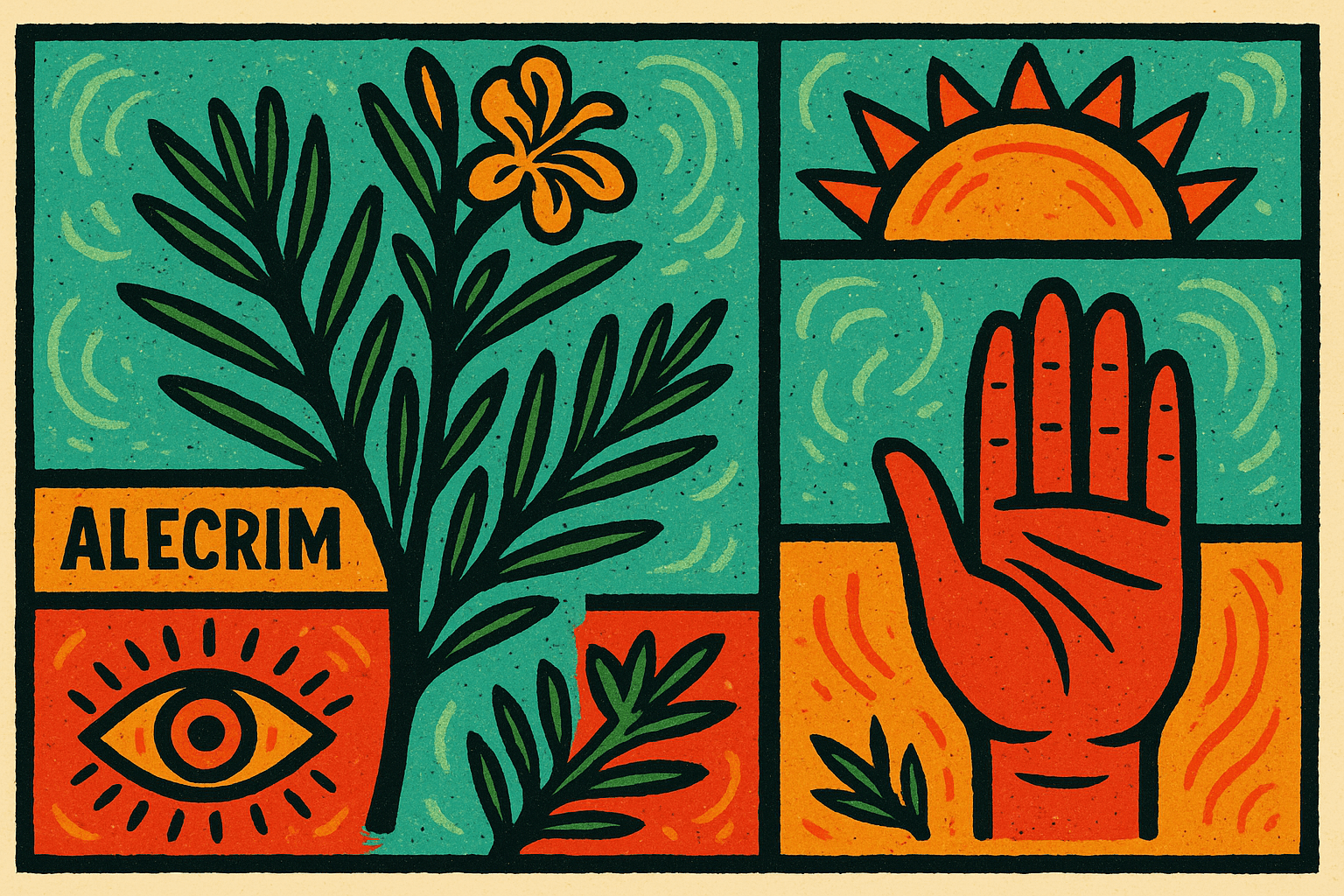 Ilustração estilo cordel com cores lúdicas representando o alecrim, planta aromática e espiritual usada em banhos, defumações e cuidados energéticos.