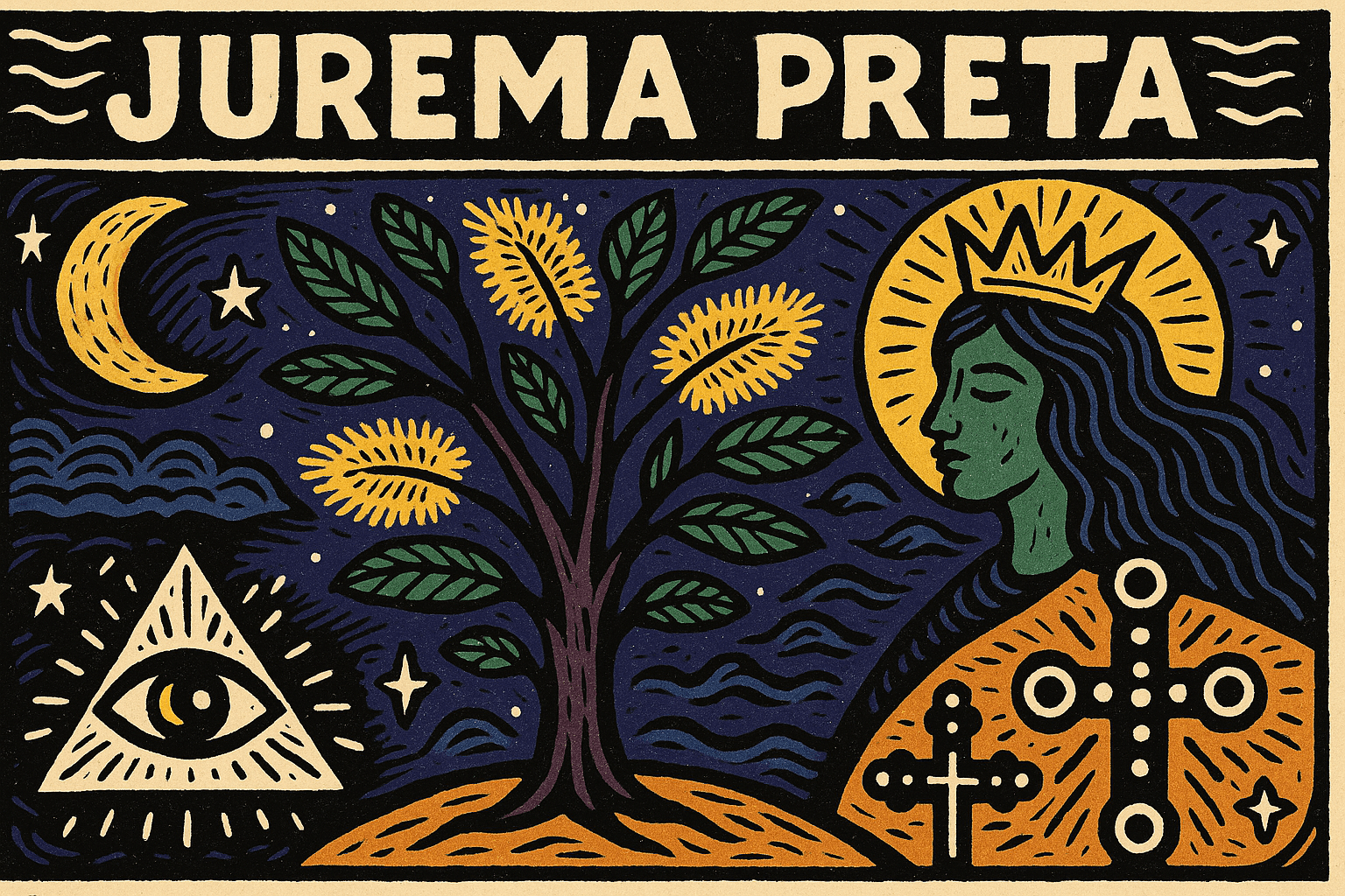 Ilustração estilo cordel com cores lúdicas representando a jurema preta como árvore sagrada da ancestralidade afro-indígena.
