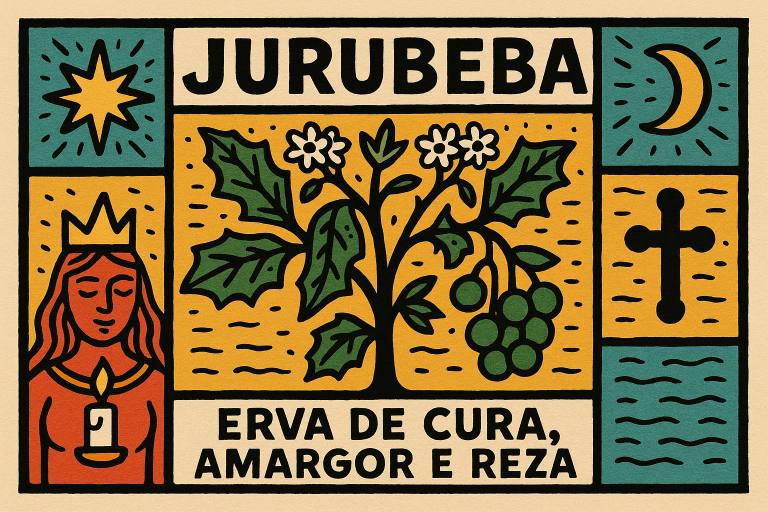 Ilustração estilo cordel com cores lúdicas representando a planta jurubeba e seus usos espirituais e medicinais.