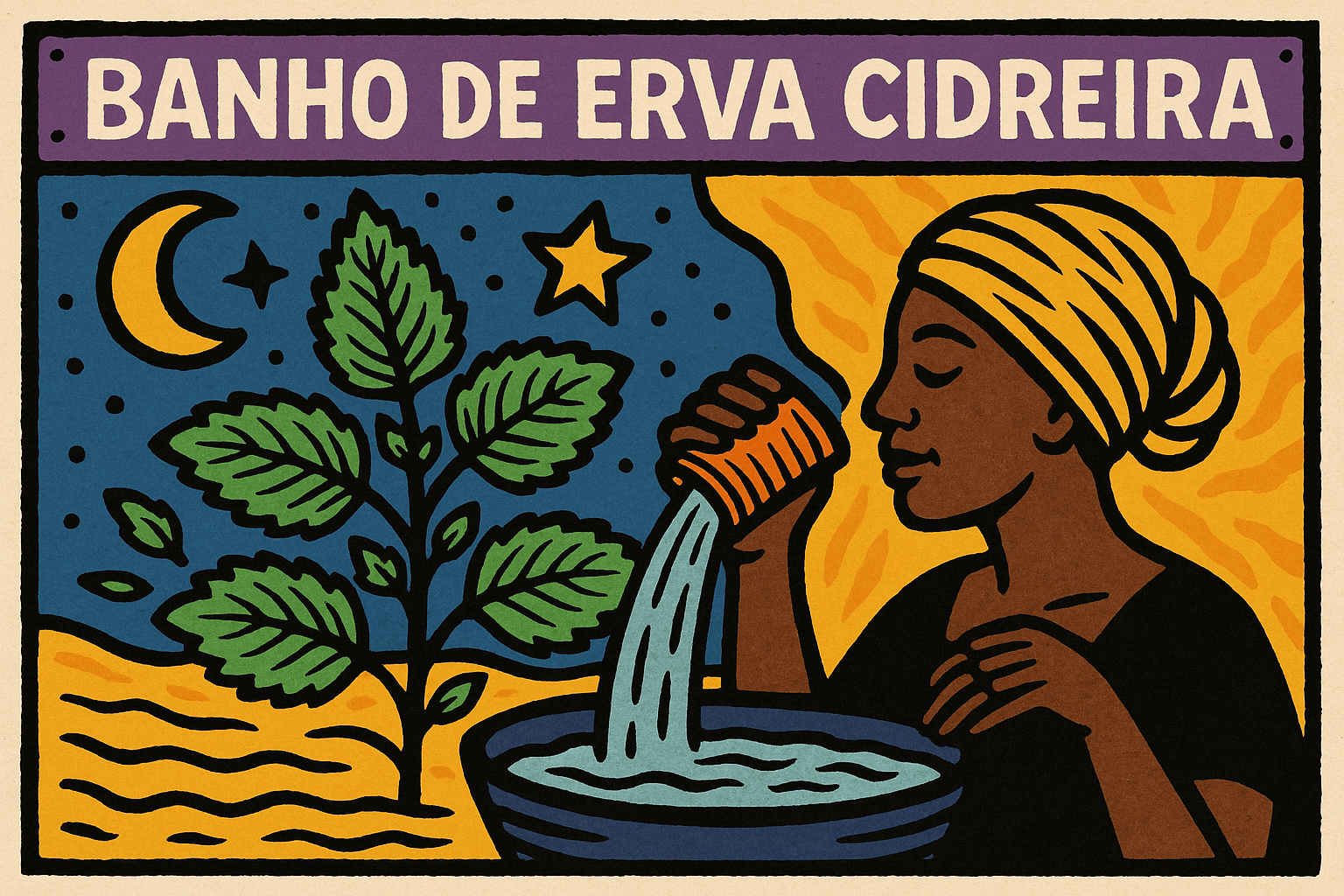 Ilustração estilo cordel com cores lúdicas representando o banho de erva cidreira como ritual de paz, limpeza e equilíbrio espiritual.