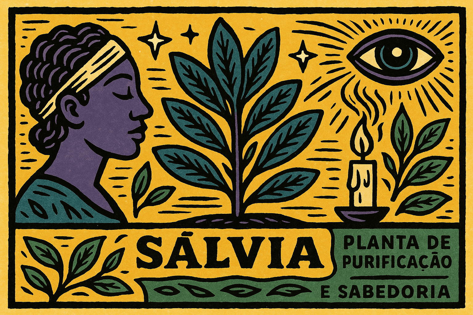 🌿 Sálvia: Para Que Serve, Benefícios e Uso Espiritual da Erva da Sabedoria Ilustração horizontal estilo cordel com cores lúdicas representando a sálvia como erva de limpeza espiritual, intuição e sabedoria ancestral