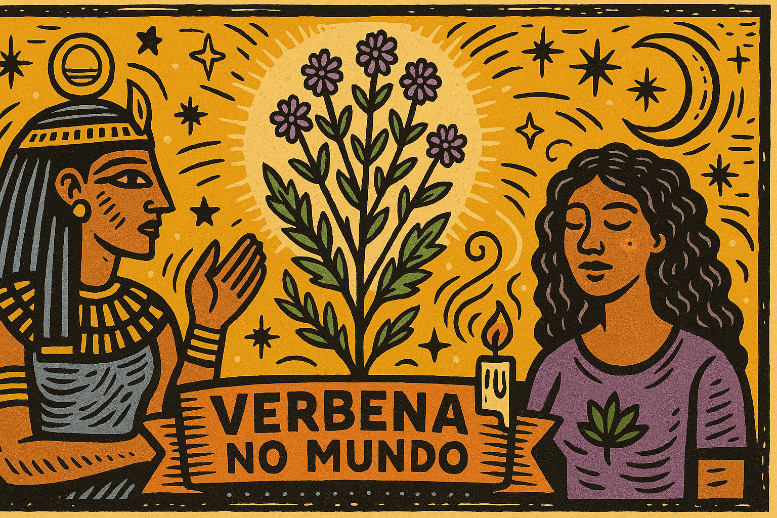 Ilustração horizontal estilo cordel com cores lúdicas representando a verbena como planta sagrada com raízes espirituais no Egito, Europa e nas práticas afro-brasileiras.