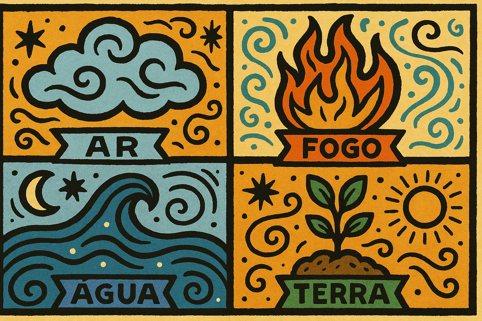 Ilustração horizontal estilo cordel com cores lúdicas representando os quatro elementos da natureza: ar, fogo, água e terra, com símbolos espirituais e equilíbrio ancestral.