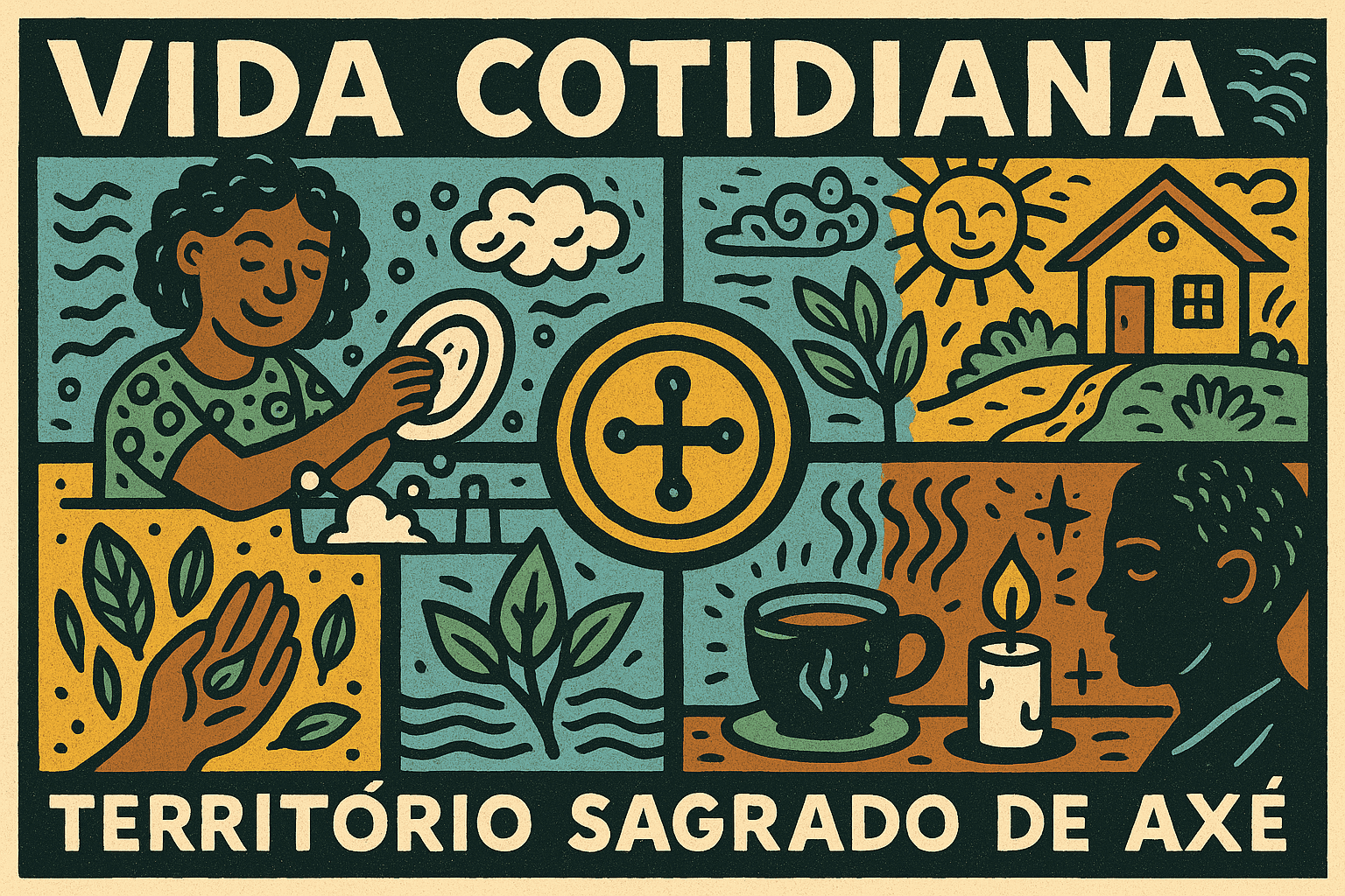 lustração horizontal estilo cordel com cores lúdicas representando a vida cotidiana como território sagrado de axé, com cenas do lar, natureza e espiritualidade diária.