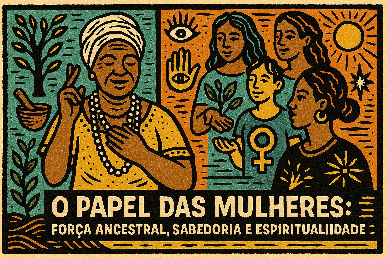 Ilustração horizontal estilo cordel com cores lúdicas representando o papel das mulheres no Candomblé e na espiritualidade, com figuras femininas negras em posição de liderança, cura e sabedoria