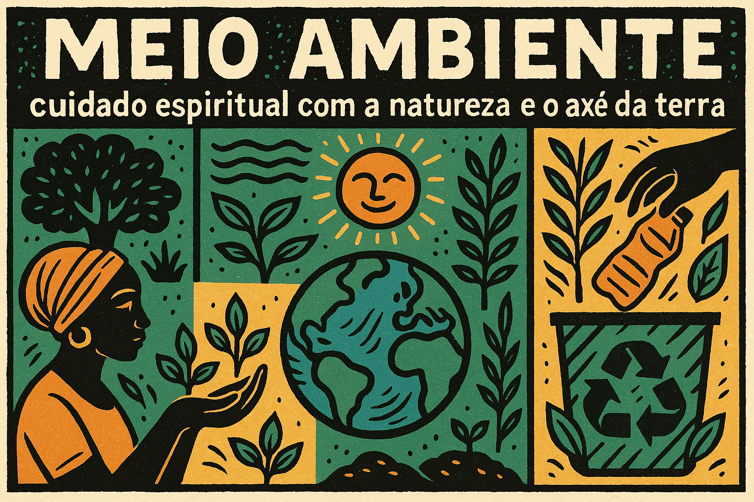 Ilustração horizontal estilo cordel com cores lúdicas representando o cuidado com o meio ambiente e a espiritualidade da natureza, com mulher negra, planta, planeta Terra, sol e símbolo de reciclagem.